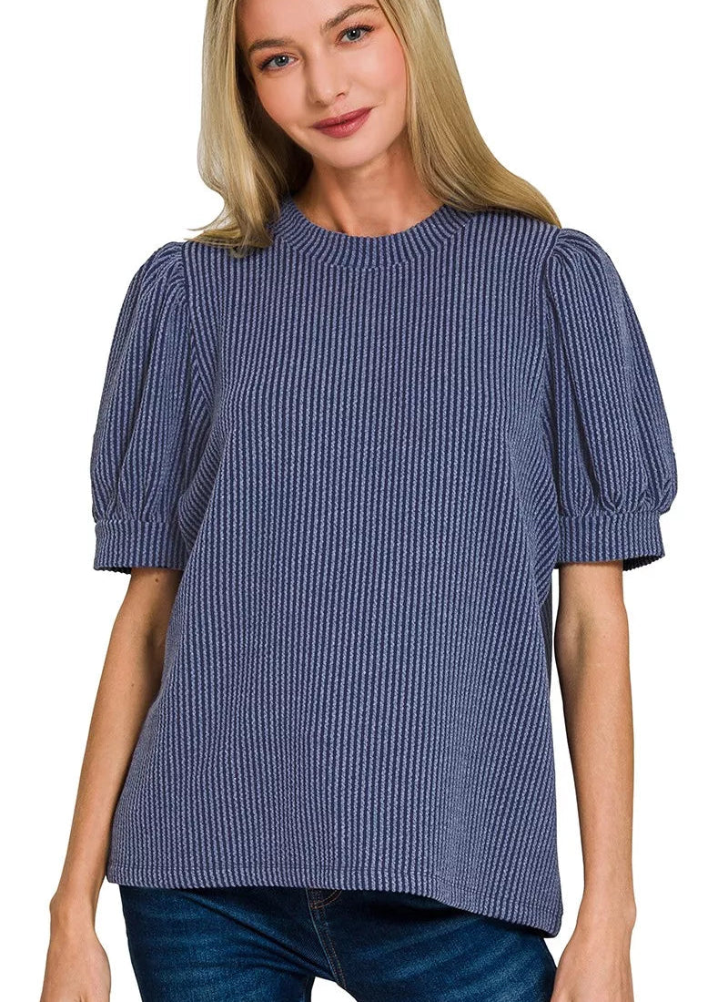 Women’s Zenana Textured Knit T-shirt Navy Raised Rib Puff Short Sleeve Top