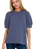 Women’s Zenana Textured Knit T-shirt Navy Raised Rib Puff Short Sleeve Top