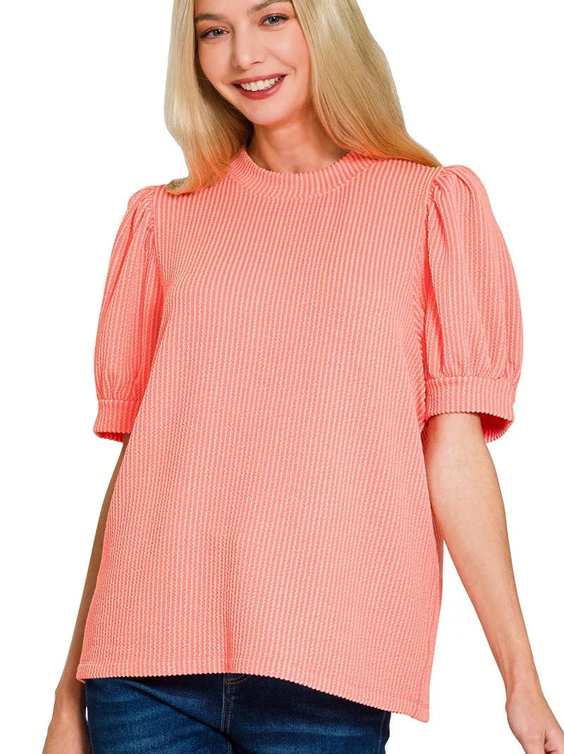 Women’s Zenana Textured Knit Top Coral Raised Rib Puff Short Sleeve Casual T-shirt