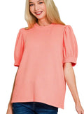 Women’s Zenana Textured Knit Top Coral Raised Rib Puff Short Sleeve Casual T-shirt