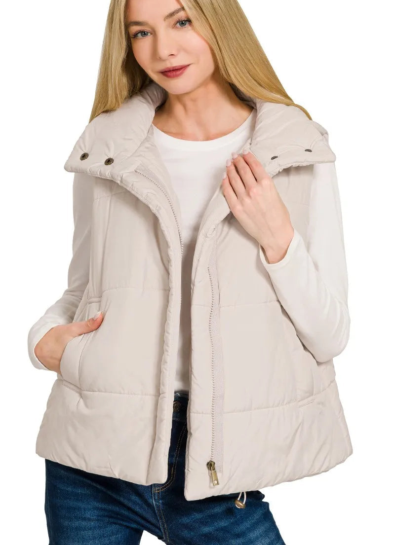 Women’s Zenana Vest Coat Beige High Neck Zip‑Up  – Lined Pocketed Outerwear S‑L