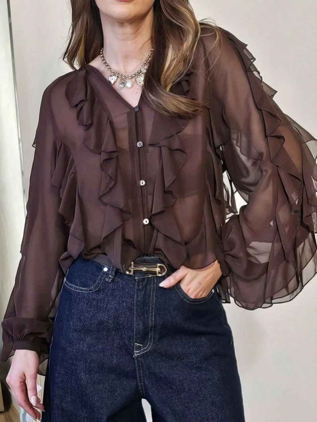 Womens Blouse Ruffled Layered Sheer Long Sleeve Top Brown Womens_Blouse_Ruffled_Layered_Sheer_Long_Sleeve_Top Trendsi