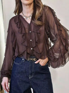Womens Blouse Ruffled Layered Sheer Long Sleeve Top Brown Womens_Blouse_Ruffled_Layered_Sheer_Long_Sleeve_Top Trendsi