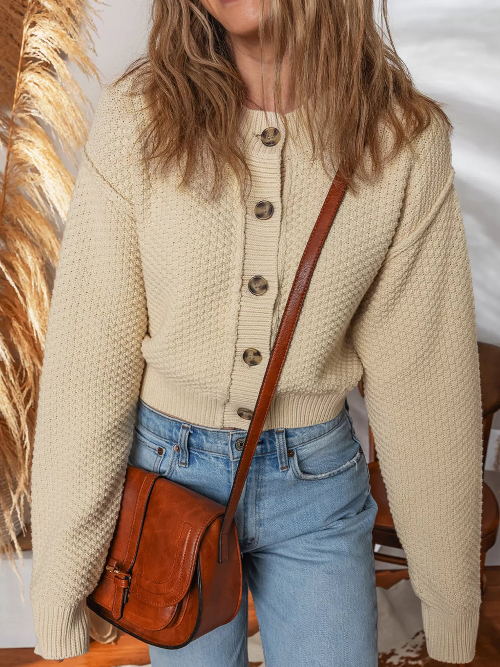 Womens Cardigan Beige Knit Button Front Cropped Long Sleeve Beige Womens_Cardigan_BBeige_Knit_Button_Front_Cropped_Long_Sleeve Trendsi