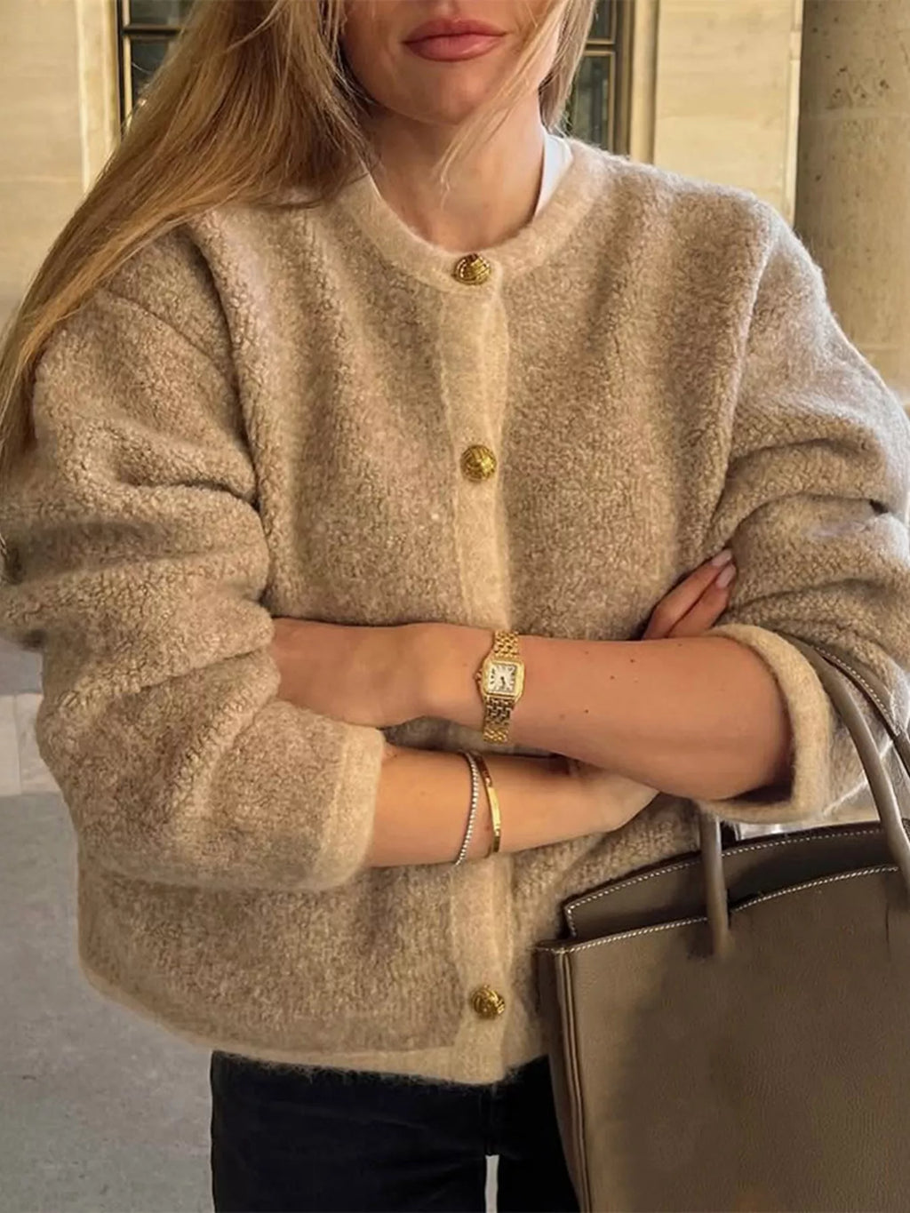 Womens Cardigan Textured Knit Wool Blend with Gold Buttons Apricot Womens_Cardigan_Textured_Knit_Wool_Blend_with_Gold_Buttons Trendsi