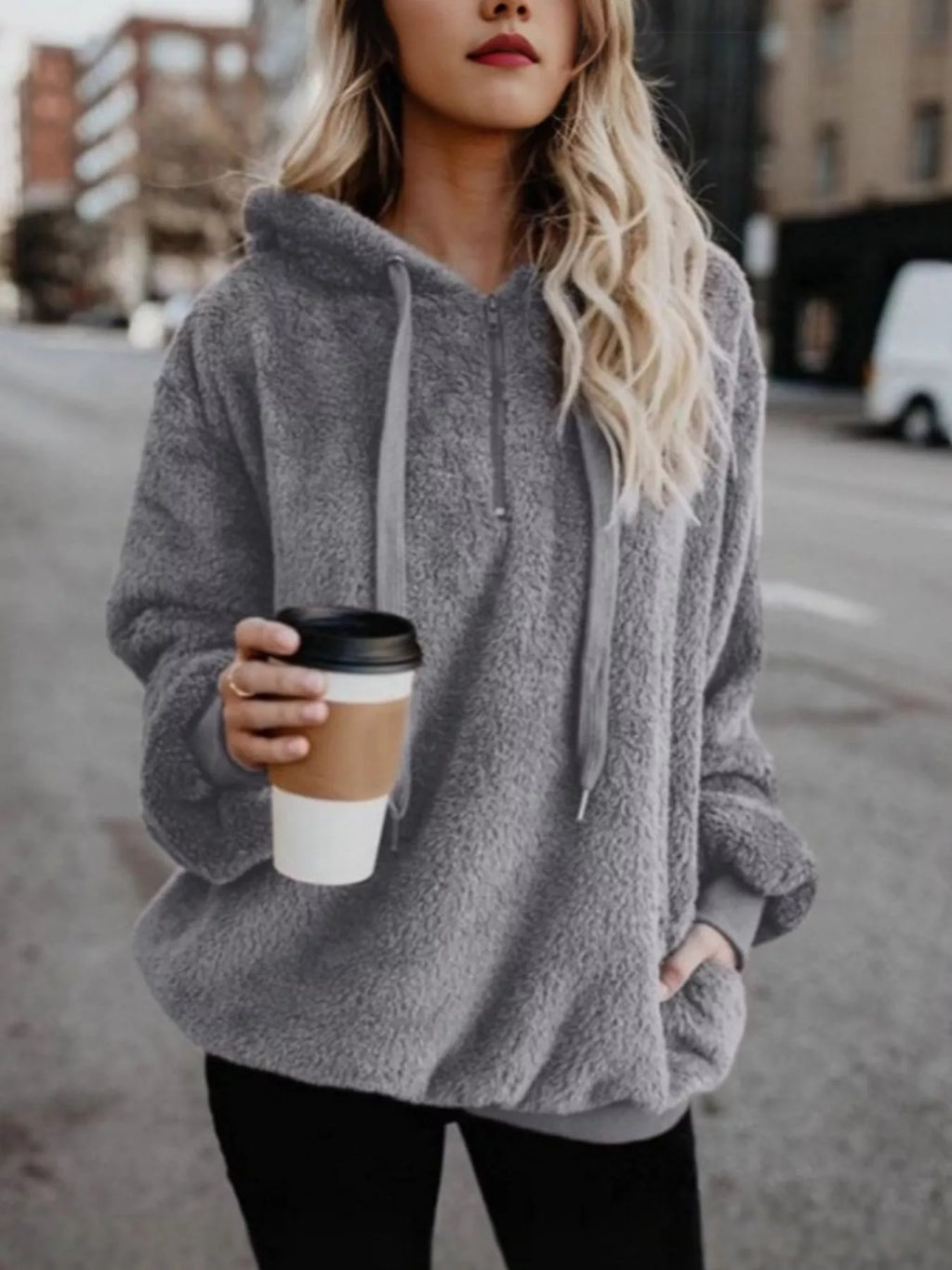 Womens Fleece Hoodie Half Zip Drawstring Hood Soft Top S-4XL Gray Womens_Fleece_Hoodie_Half_Zip_Drawstring_Hood_Soft_Top_S-4XL Trendsi