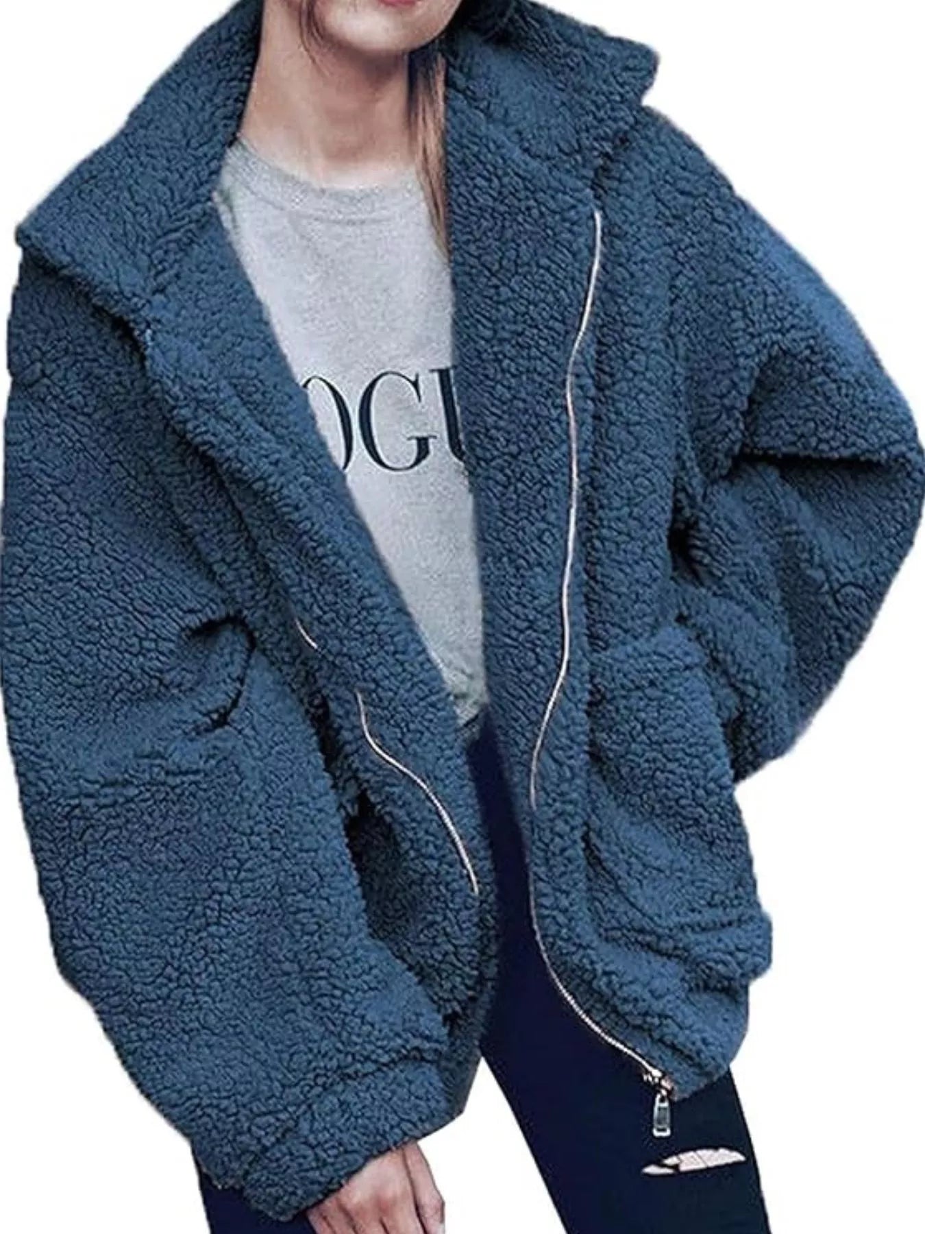 Womens Fleece Jacket Cozy Soft Zip Up Plus Sizes S-3XL Dark Blue