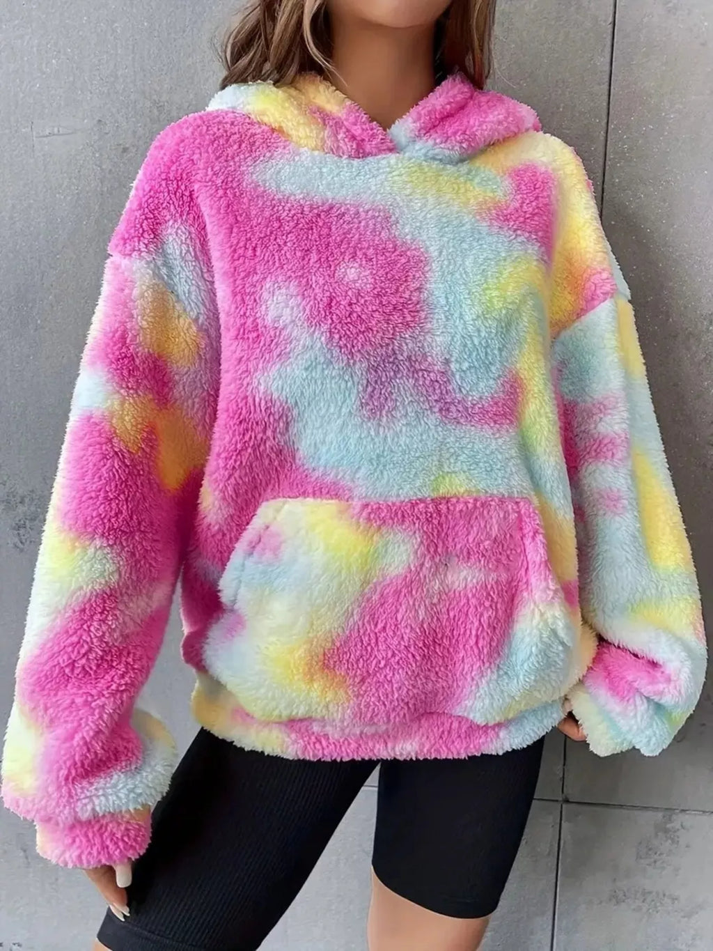 Womens Hoodie Tie-Dye Plush Fleece Fuchsia Pink Pocketed Fuchsia Pink Womens_Hoodie_Tie-Dye_Plush_Fleece_Fuchsia_Pink_Pocketed Trendsi