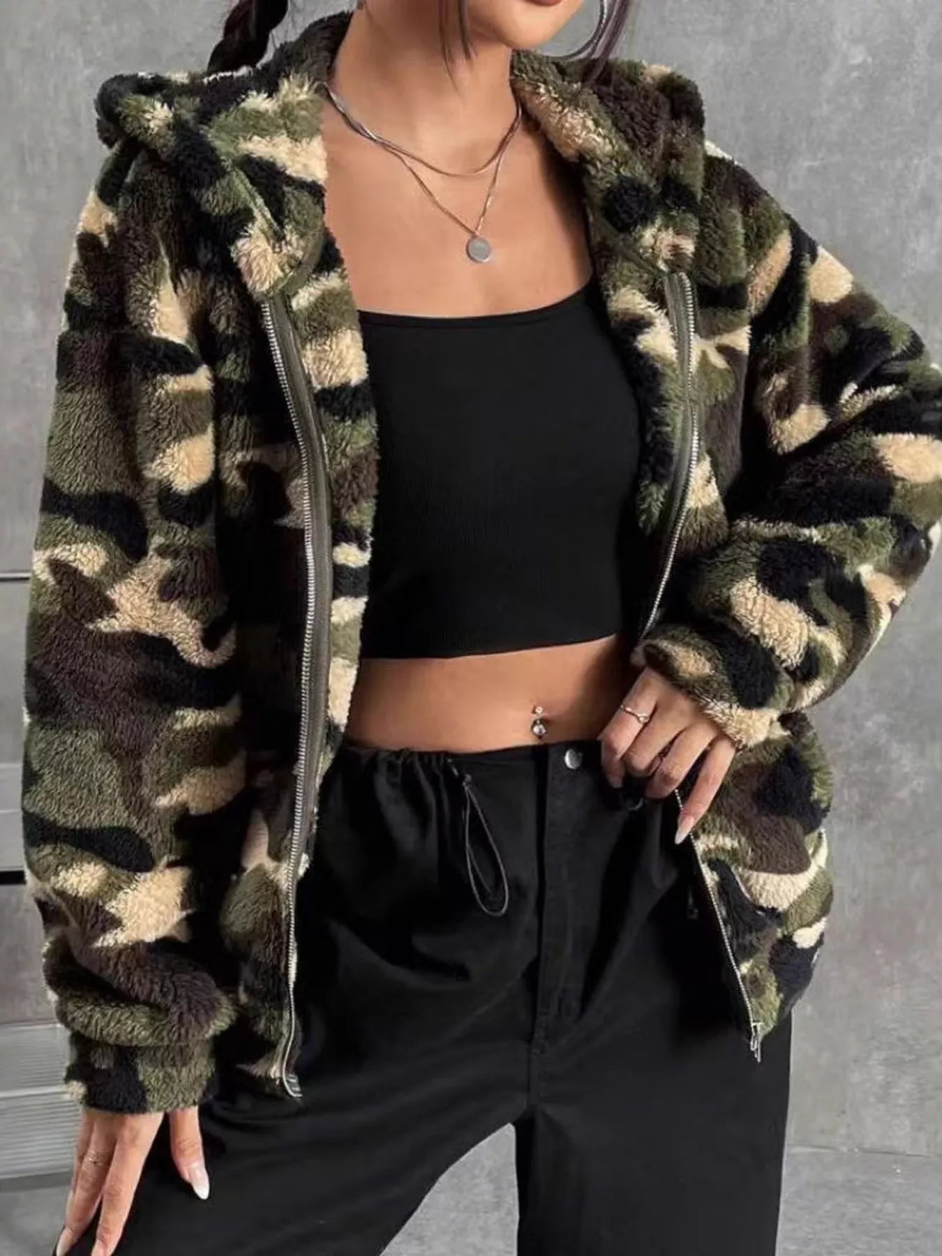Womens Jacket Camo Print Fuzzy Zip Up Outerwear Army Green Womens_Jacket_Camo_Print_Fuzzy_Zip_Up_Outerwear Trendsi