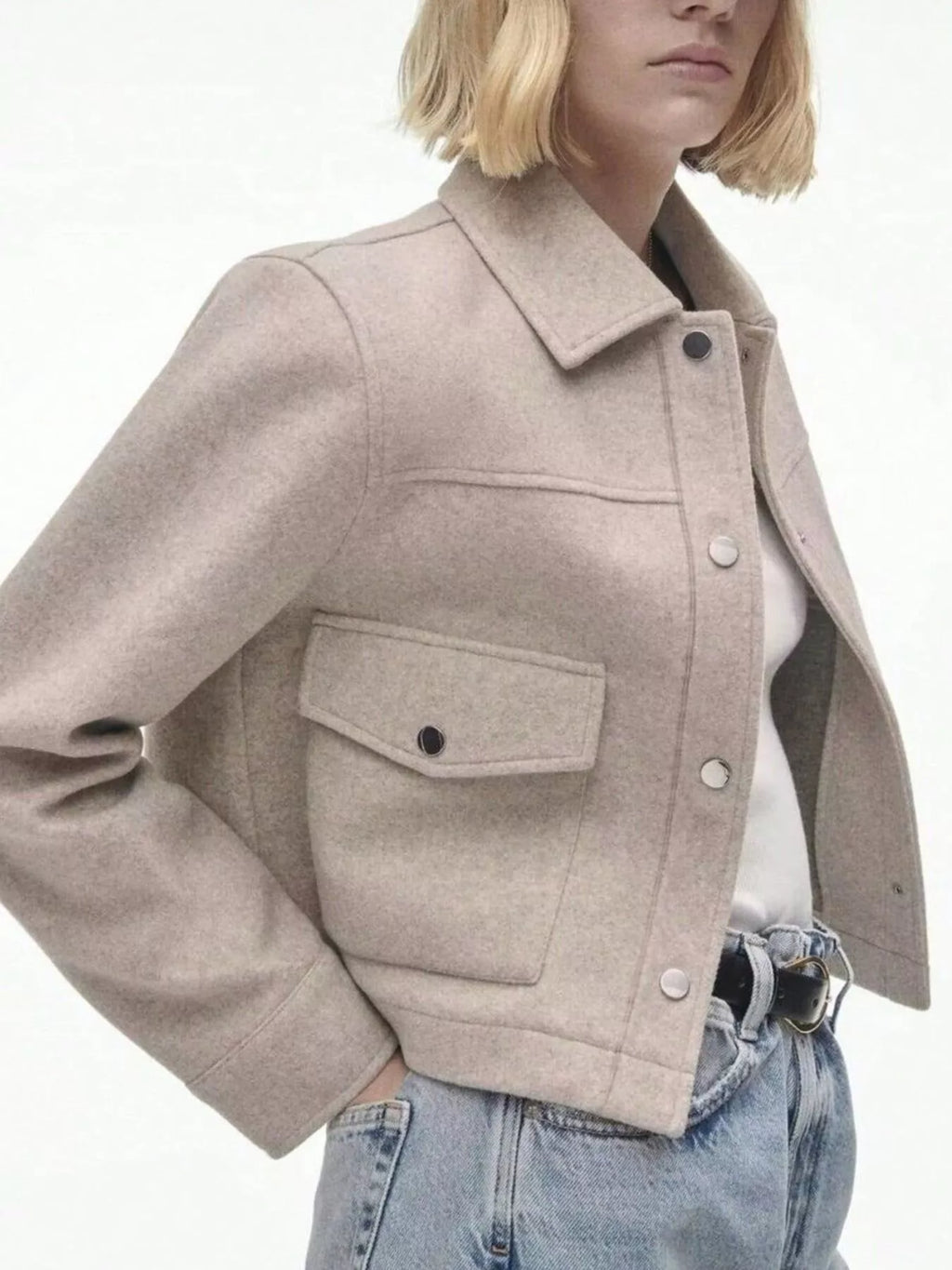 Womens Jacket Cropped Snap Down Long Sleeve Casual Outwear Beige Womens_Jacket_Cropped_Snap_Down_Long_Sleeve_Casual_Outwear Trendsi