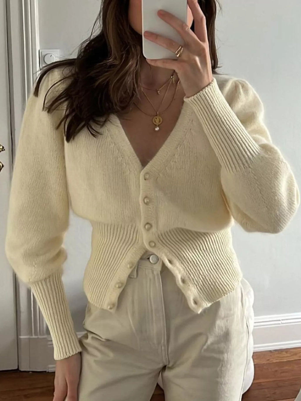 Womens Knit Cardigan Puff Sleeve V Neck Beige Soft Buttoned Beige Womens_Knit_Cardigan_Puff_Sleeve_V_Neck_Beige_Soft_Buttoned Trendsi