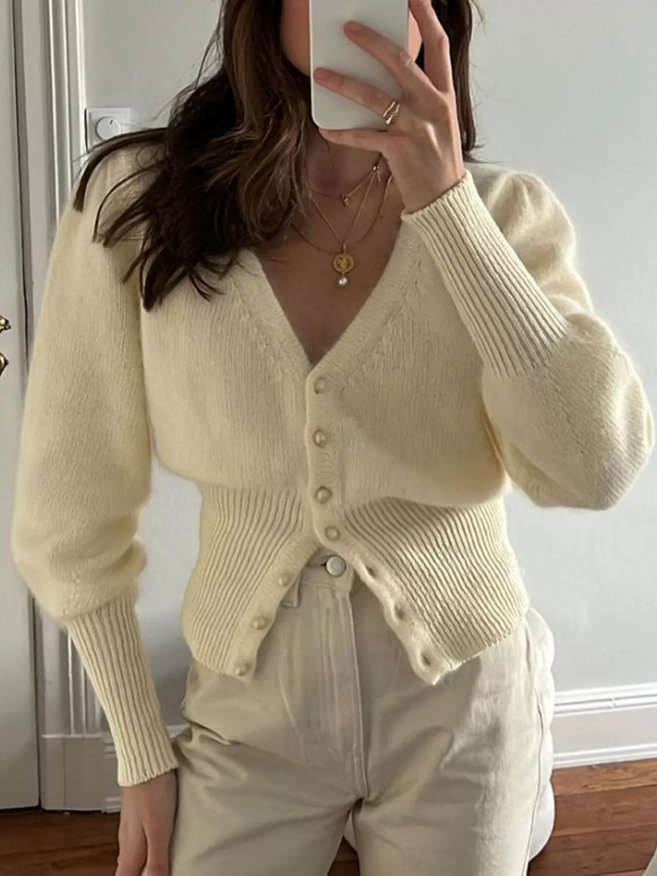 Womens Knit Cardigan Puff Sleeve V Neck Beige Soft Buttoned Beige Womens_Knit_Cardigan_Puff_Sleeve_V_Neck_Beige_Soft_Buttoned Trendsi