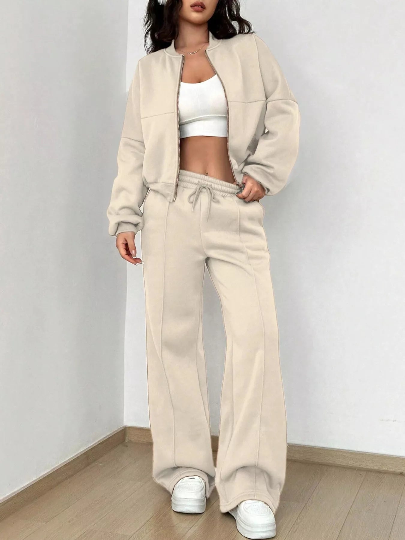 Womens Outfit Set Casual Solid Color Zipper Jacket and Wide Leg Pants Womens_Outfit_Set_Casual_Solid_Color_Zipper_Jacket_and_Wide_Leg_Pants Trendsi