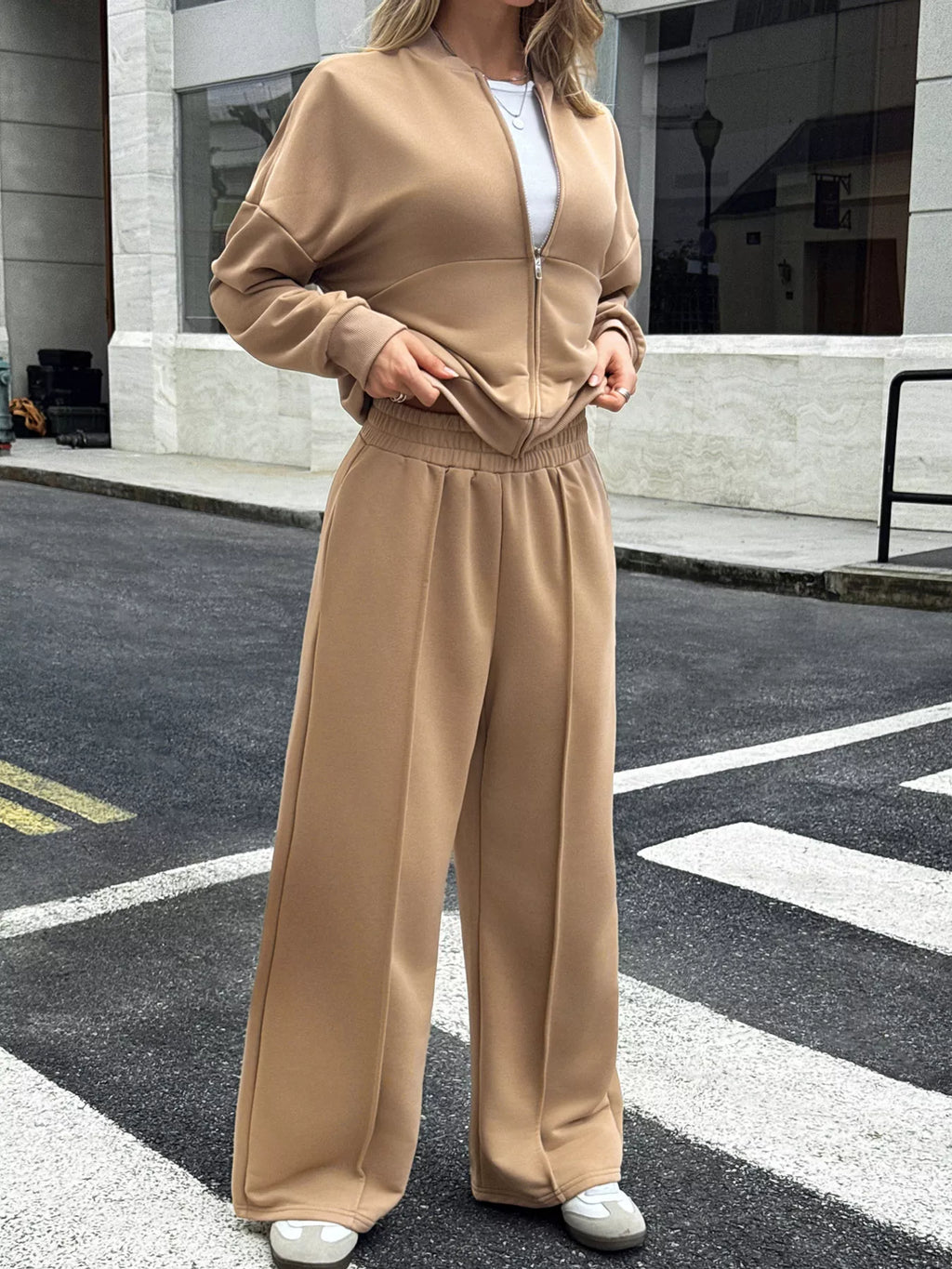 Womens Outfit Set Zip Up Drop Shoulder Top and Pants 2 Pcs Khaki Womens_Outfit_Set_Zip_Up_Drop_Shoulder_Top_and_Pants_2_Pcs Trendsi