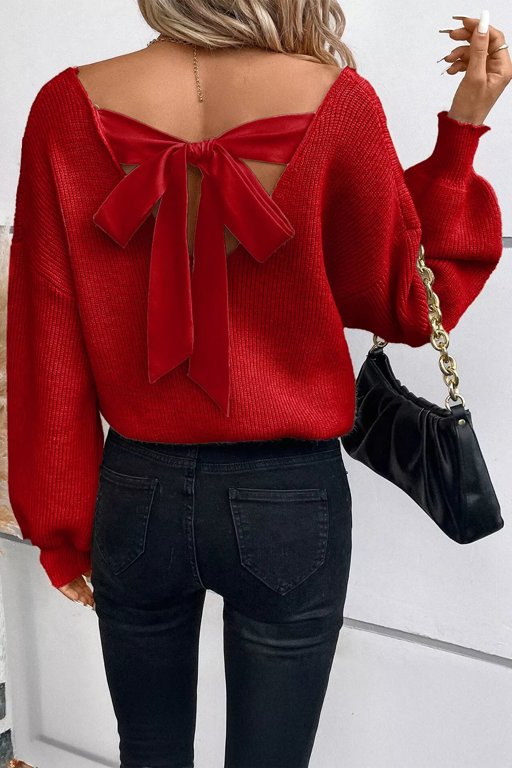 Womens Sweater Bow Knot Back Burgundy Red Lantern Sleeve V Neck Pullover Burgundy Womens_Sweater_Bow_Knot_Back_Burgundy_Red_Lantern_Sleeve_V_Neck_Pullover Trendsi