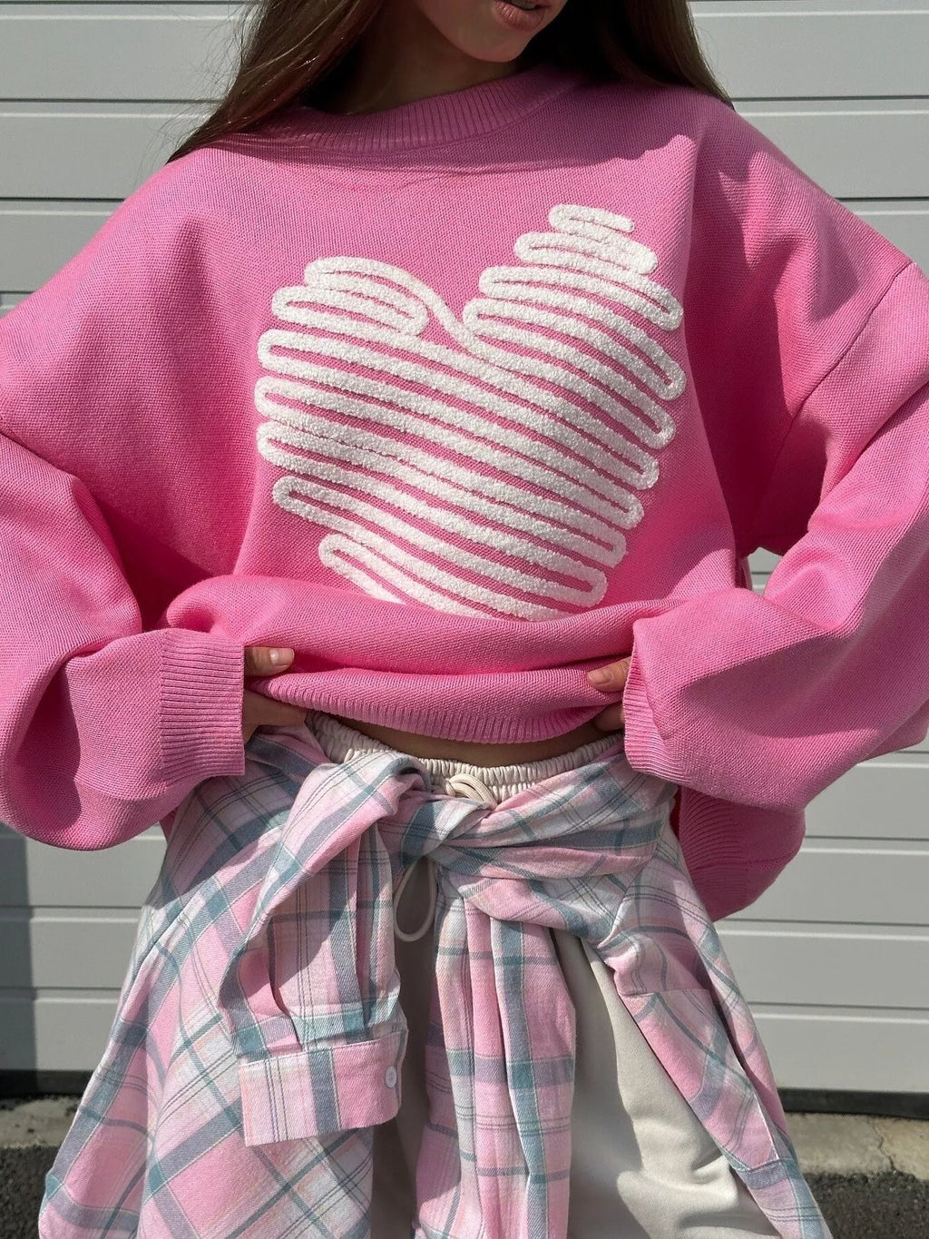 Womens Sweater Heart Round Neck Oversized Pullover Hot Pink Womens_Sweater_Heart_Round_Neck_Oversized_Pullover Trendsi