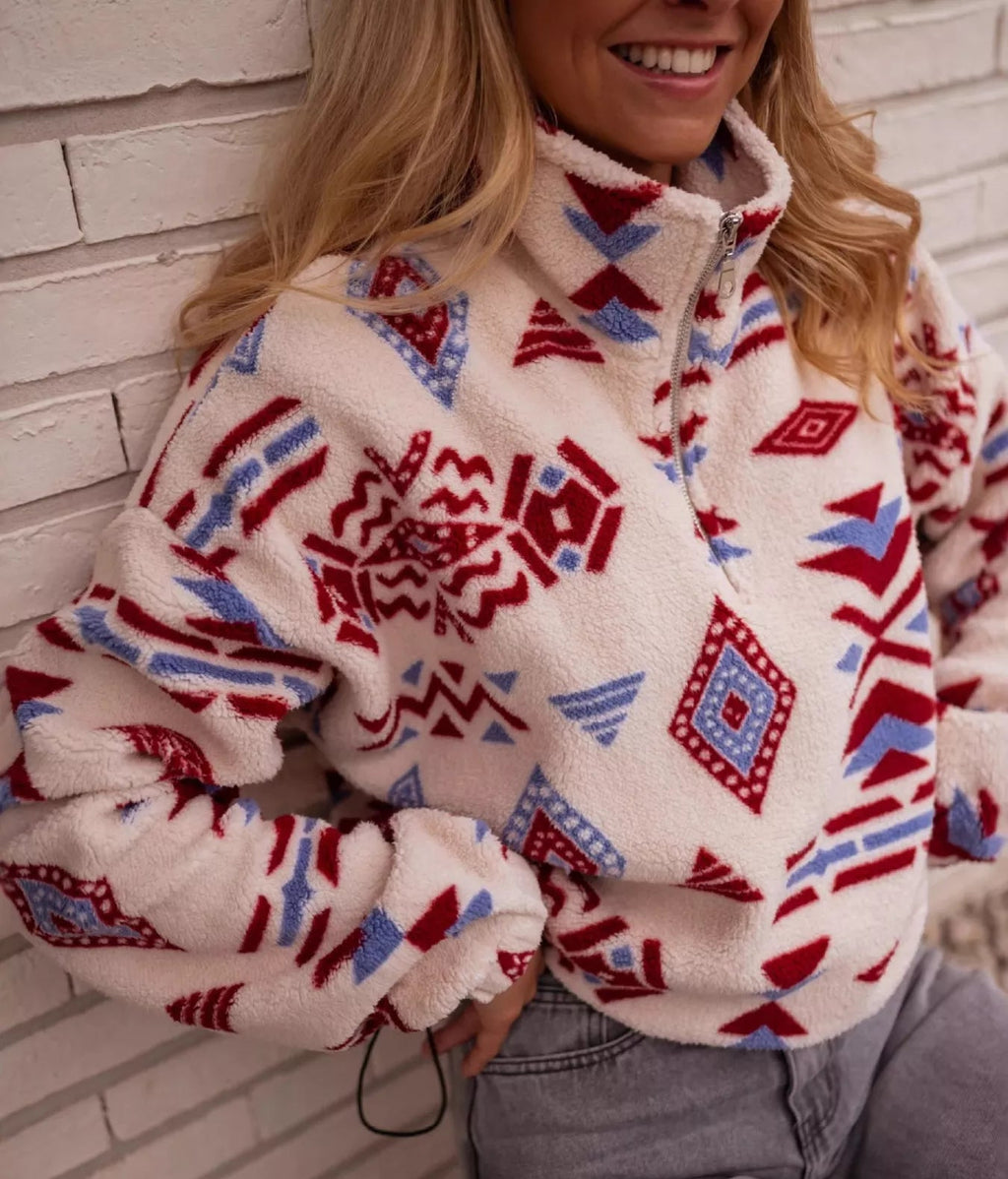 Womens Sweatshirt Fleece Geometric Coral Pattern Half Zip Collared Womens_Sweatshirt_Fleece_Geometric_Coral_Pattern_Half_Zip_Collared Trendsi