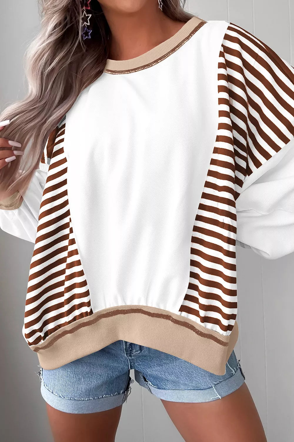 Womens Sweatshirt Stripe Colorblock Patchwork Contrast Stitching Top White Womens_Sweatshirt_Stripe_Colorblock_Patchwork_Contrast_Stitching_Top Trendsi