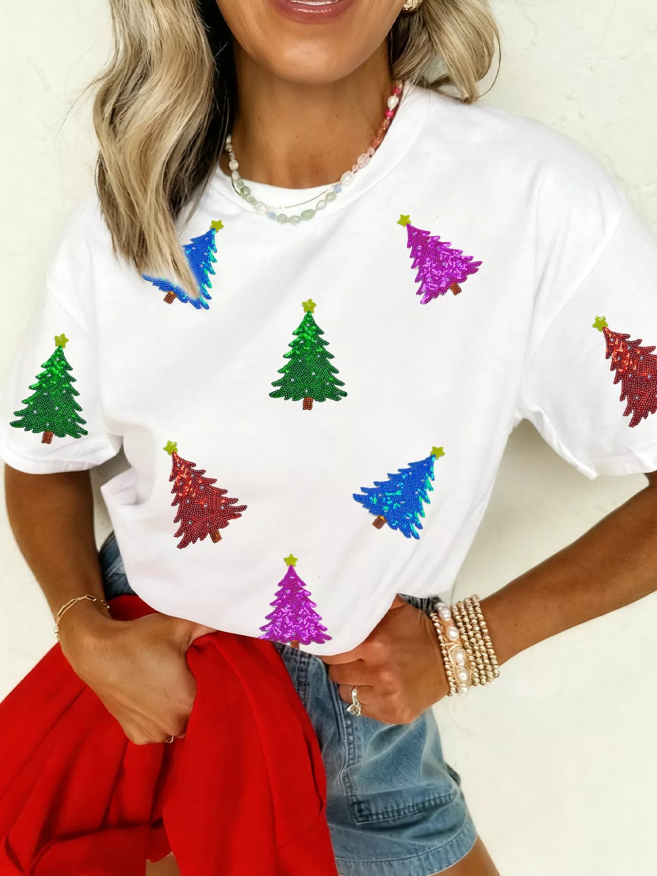 Womens White T-Shirt Christmas Tree Sequns Relaxed Fit Top Tee