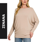 Zenana Casual Loose Blouse Hacci Dolman Long Sleeve Boat Neck Ash Mocha Top