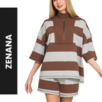 Zenana Striped Outfit Set Brown French Terry Half-Zip Top and Shorts Lounge Set