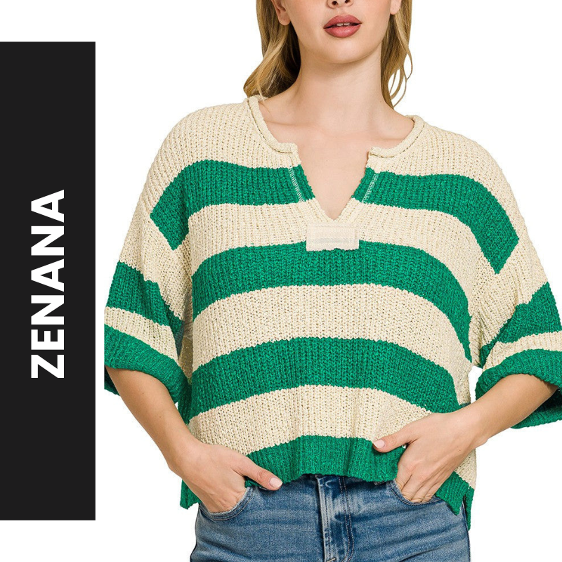 Zenana Oversized Sweater Green Striped Split Neck Short Sleeve Loose Knit Top