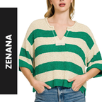 Zenana Oversized-Pullover Grün Gestreift Schlitzkragen Kurzarm Locker Gestricktes Oberteil