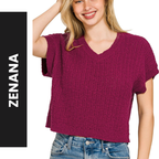 Zenana Oversized-Pullover Texturiert Gestrickter V-Ausschnitt Kurzer Cabernet Top Kurzarm