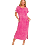 Zenana Midi Dress Hot Pink Cotton Washed Exposed Seam Short Sleeve with Pockets