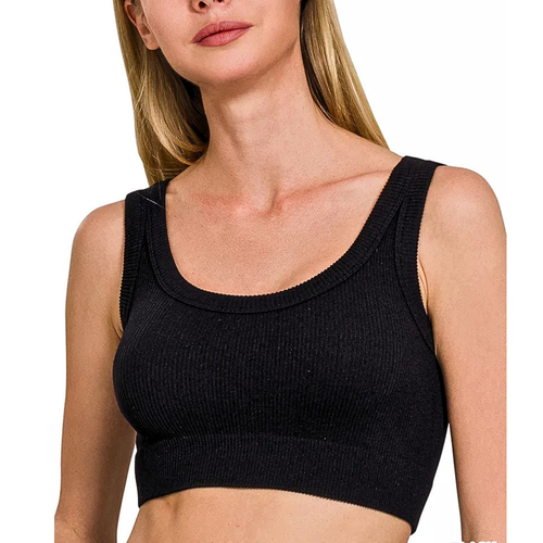 Zenana Black Cropped Tank Top Seamless Ribbed Scoop Neck Sleeveless