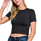 Zenana Black T-Shirt Seamless Cropped Short Sleeve Basic Casual Top