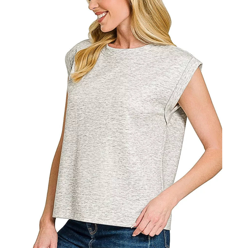 Zenana Casual Blouse Basic Round Neck Short Cap Sleeve Gray Top