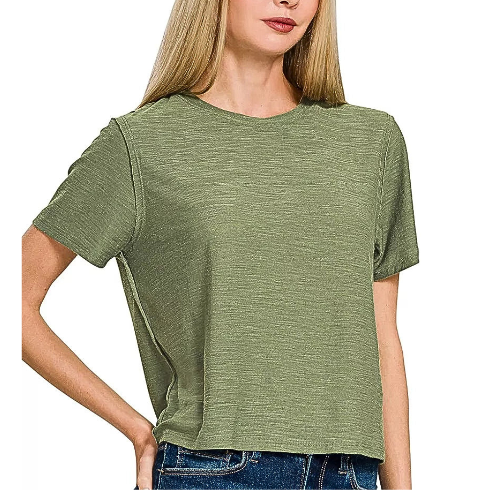Zenana Casual Blouse Basic Round Neck Short Sleeve Lightweight Top Olive