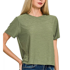 Zenana Casual Blouse Basic Round Neck Short Sleeve Lightweight Top Olive