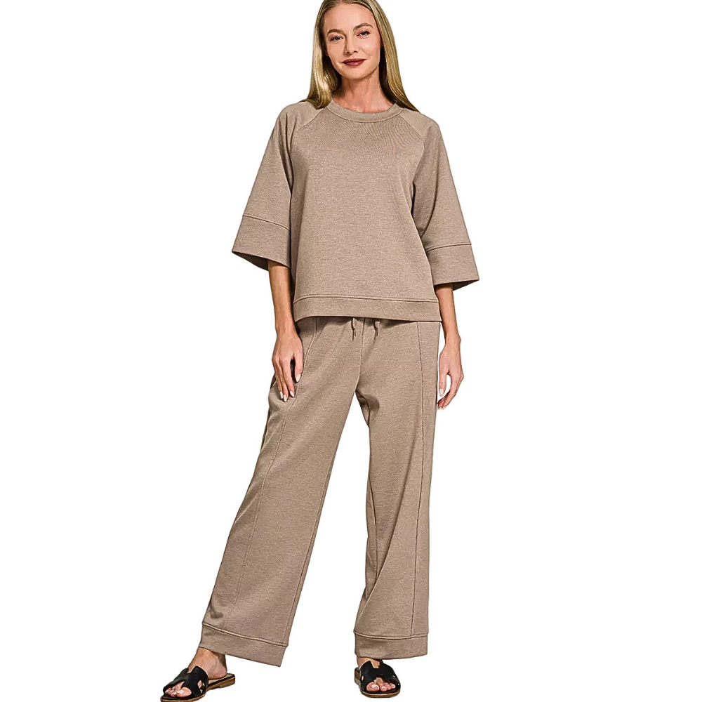 Zenana Casual Outfit Set Lightweight Scuba 3/4 Sleeve Top & Pants Set