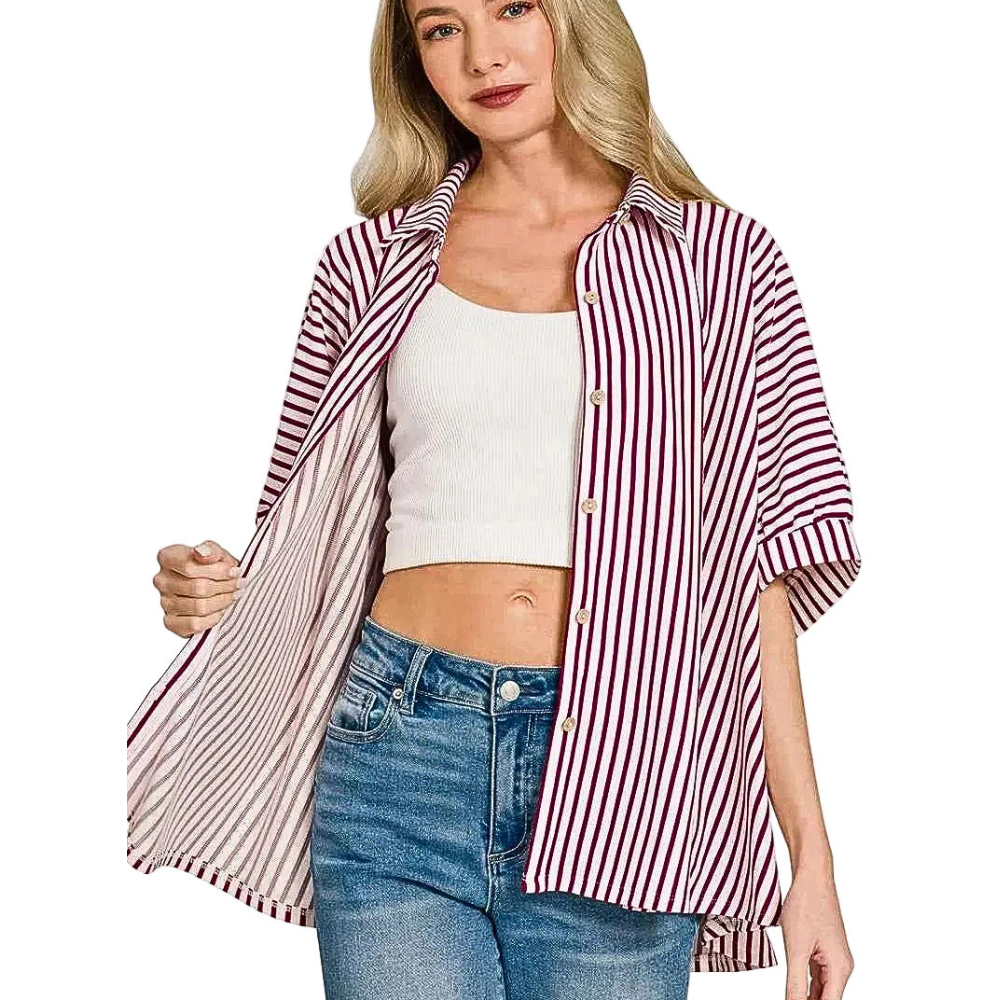 Zenana Casual Oversized Shirt Striped Button Up Burgundy Long Sleeve Top