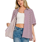 Zenana Casual Oversized Shirt Striped Button Up Burgundy Long Sleeve Top