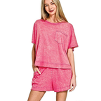 Zenana Casual Set Cotton Oversized T-shirt & Shorts Acid Washed Fuchsia Pink