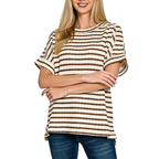 Zenana Casual T-shirt Striped Woven Brown Cotton Blend Short Sleeve Blouse