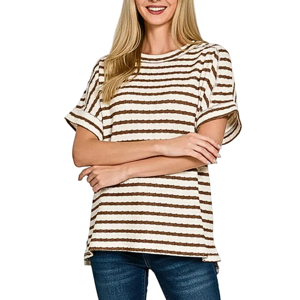 Zenana Casual T-shirt Striped Woven Brown Cotton Blend Short Sleeve Blouse