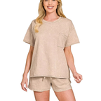 Zenana Cotton Set Relaxed T-shirt & Short Set French Terry Acid Washed Loungwear