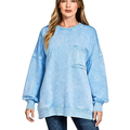 Zenana Cotton Sweatshirt Sky Blue Halo Washed French Terry Long Sleeve Top