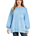 Zenana Cotton Sweatshirt Sky Blue Halo Washed French Terry Long Sleeve Top