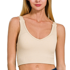 Zenana Cropped Bra Tank Seamless Ribbed V-Neck Padded Sleeveless Top Beige