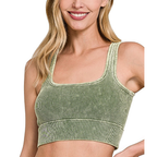 Zenana Cropped Bra Top Washed Ribbed Seamless Square Neck With Pads Olive