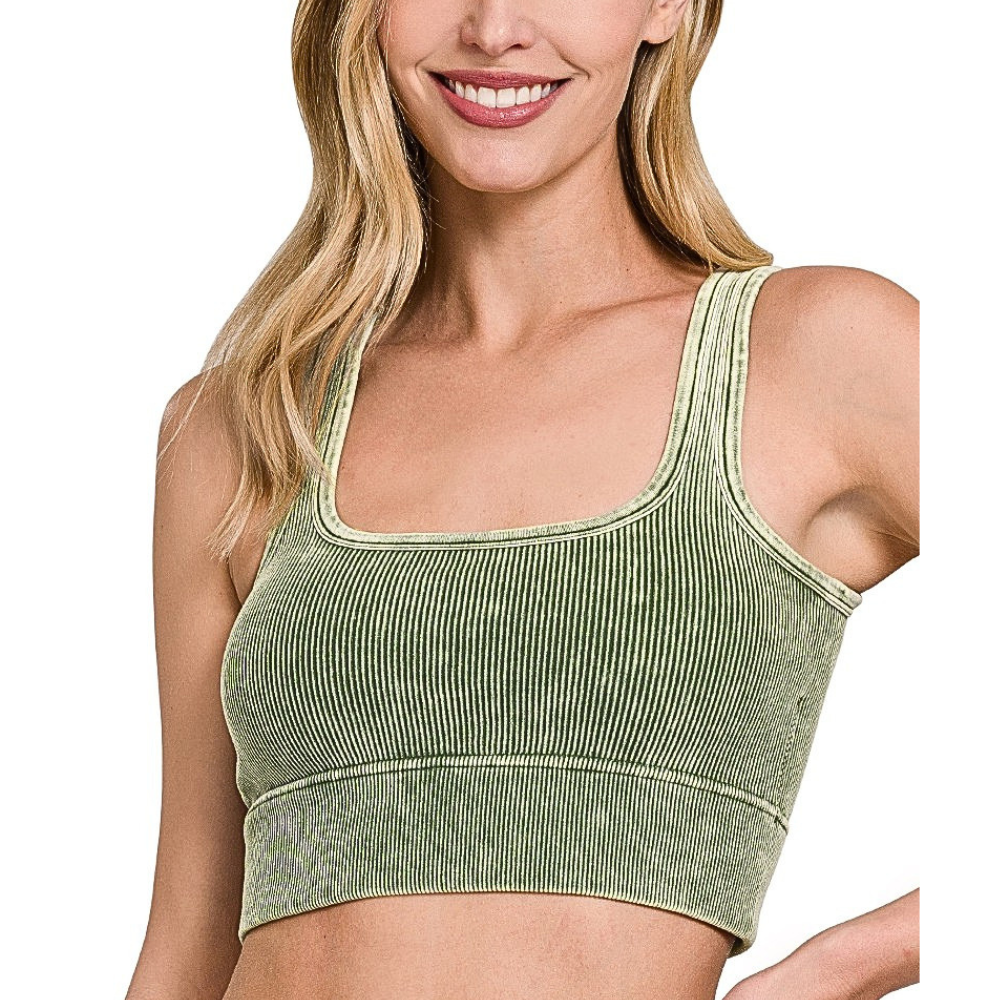 Zenana Cropped Bra Top Washed Ribbed Seamless Square Neck With Pads Olive