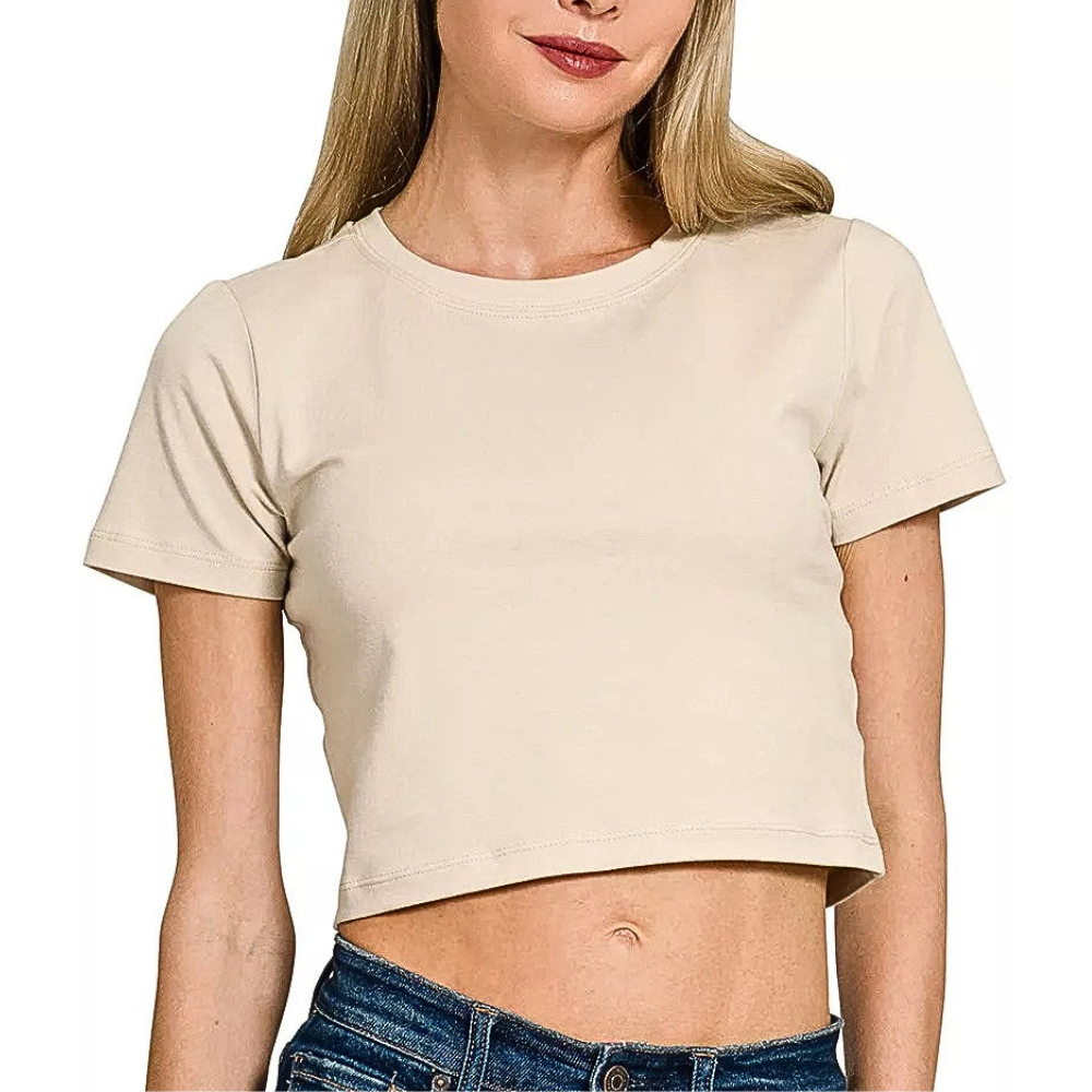 Zenana Cropped T-shirt Cotton Basic Solid Sand Beige Short Sleeve Top Tee