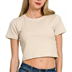 Zenana Cropped T-Shirt Baumwolle Basic Uni Sand Beige Kurzarm Top Shirt