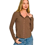 Zenana Double Knit Snap Button Top Brwon Lightweight Long Sleeve Cardigan