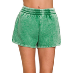 Zenana Jogger Shorts Casual Green Cotton Blend Acid Washed Elastic High Waist